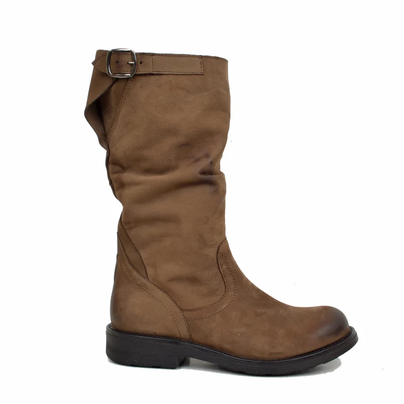 Stivali Biker Boots a Metà Polpaccio in Pelle Vintage Marrone