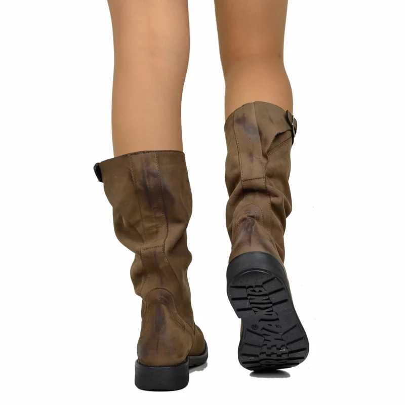 Stivali Biker Boots a Metà Polpaccio in Pelle Vintage Marrone
