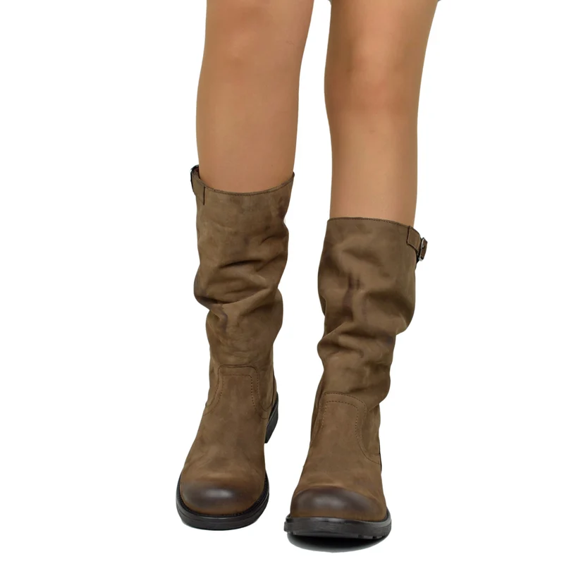 Stivali Biker Boots a Metà Polpaccio in Pelle Vintage Marrone