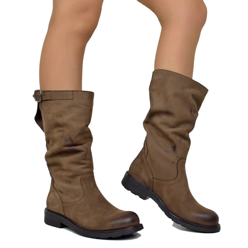 Stivali Biker Boots a Metà Polpaccio in Pelle Vintage Marrone