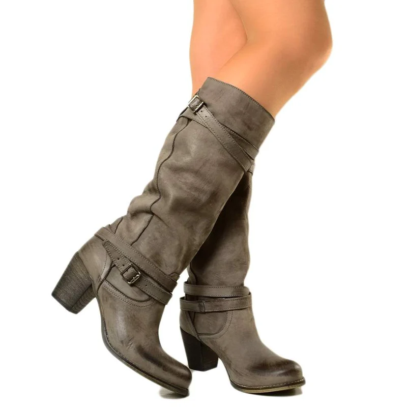 Stivali Donna in Vera Pelle Nabuk con Tacco Medio Grigio