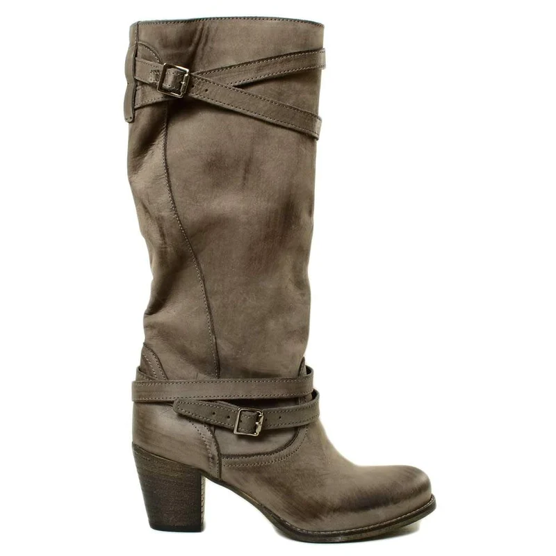 Stivali Donna in Vera Pelle Nabuk con Tacco Medio Grigio