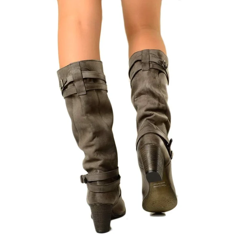 Stivali Donna in Vera Pelle Nabuk con Tacco Medio Grigio