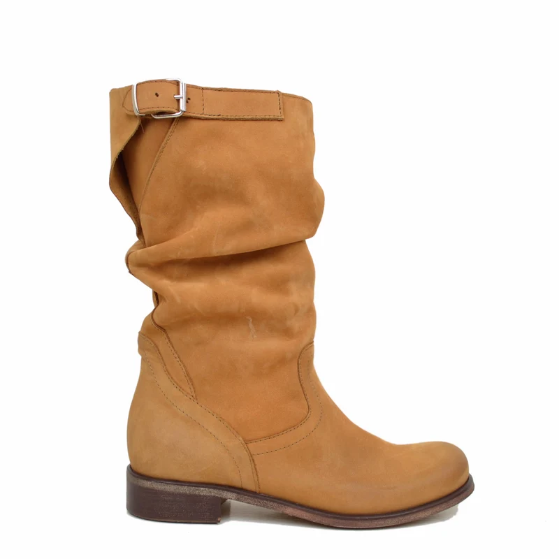 Stivali Biker Boots a Metà Polpaccio in Pelle Vintage Cuoio