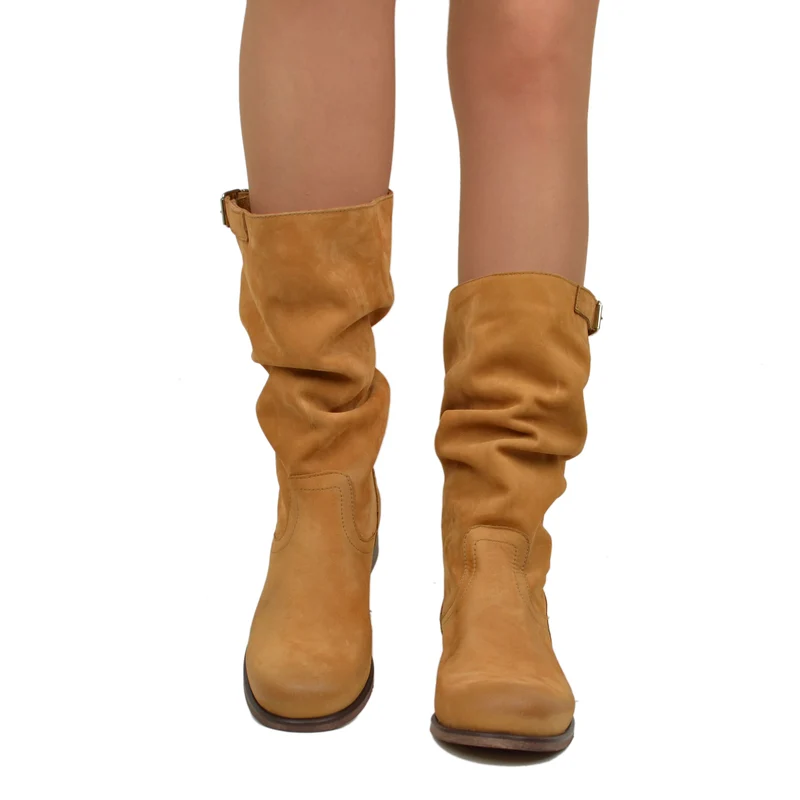Stivali Biker Boots a Metà Polpaccio in Pelle Vintage Cuoio