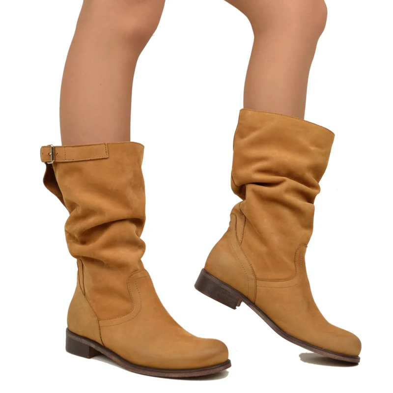 Stivali Biker Boots a Metà Polpaccio in Pelle Vintage Cuoio