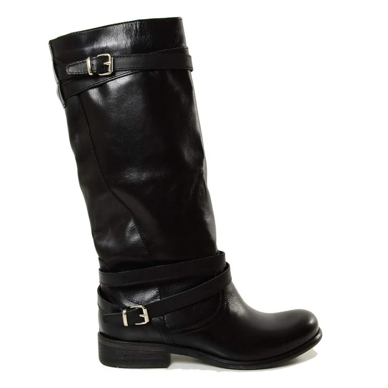 Stivali Camperos Alti Donna con Fibbie in Liscia Pelle Nero