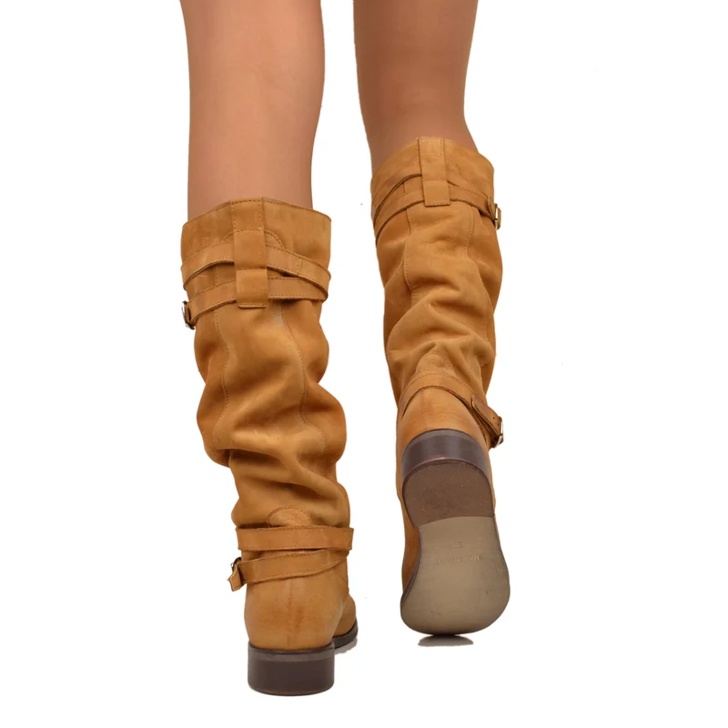 Stivali Donna Camperos Alti in Pelle Vintage Sfumata Cuoio
