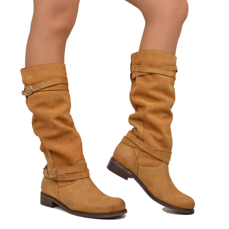 Stivali Donna Camperos Alti in Pelle Vintage Sfumata Cuoio