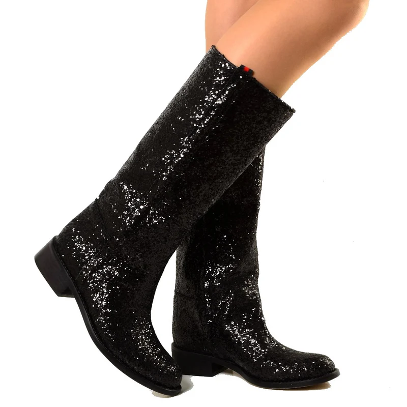 Stivali Camperos in Glitter Boots Donna Western Vintage Neri