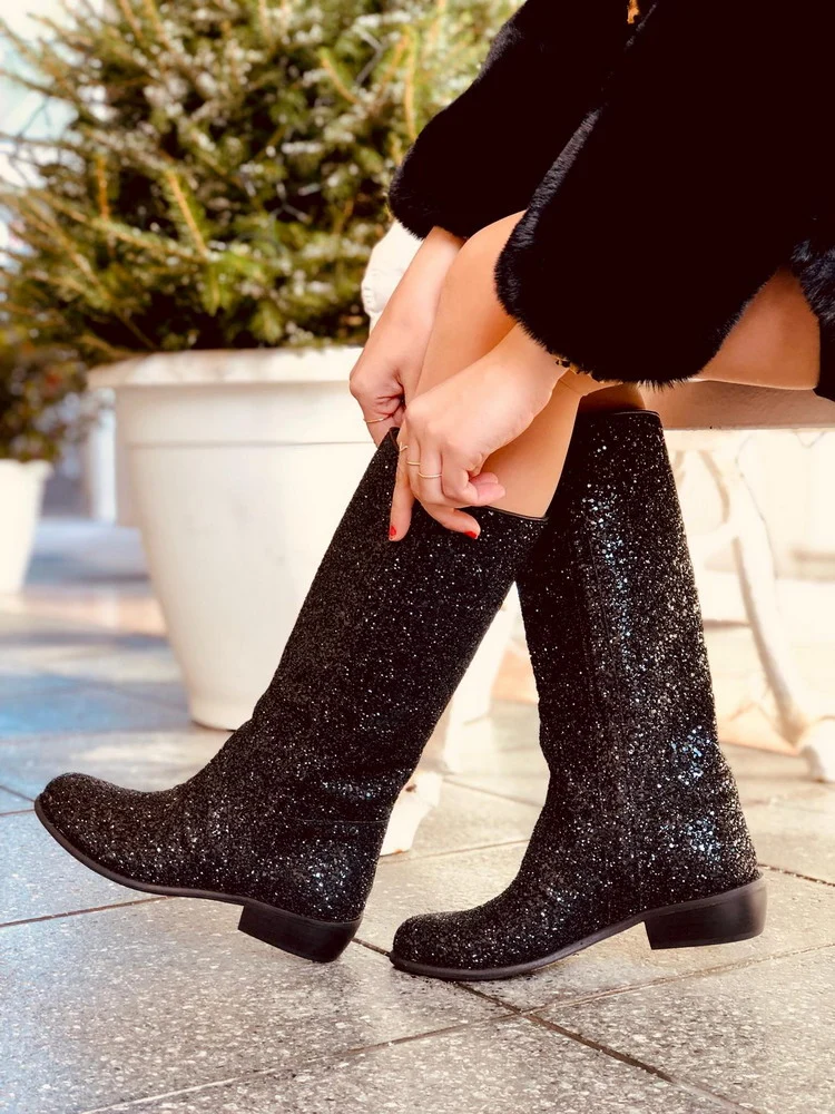 Stivali Camperos in Glitter Boots Donna Western Vintage Neri