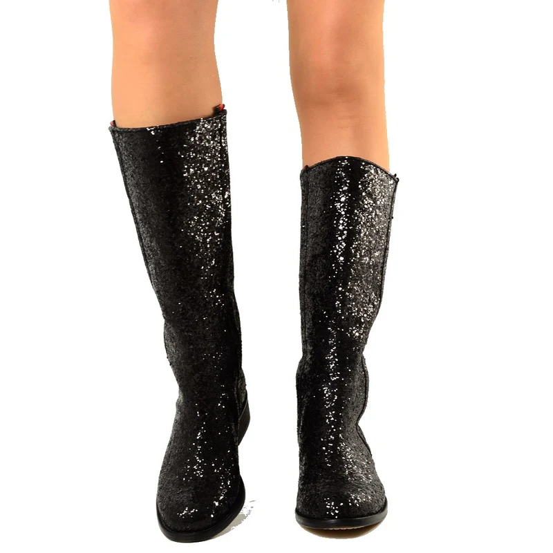 Stivali Camperos in Glitter Boots Donna Western Vintage Neri