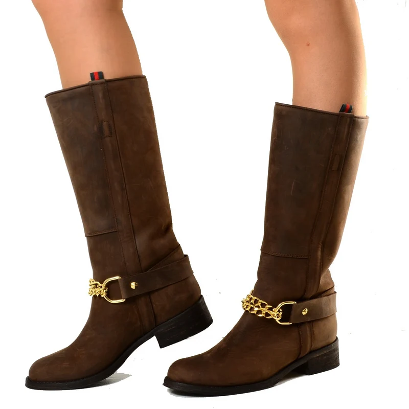 Stivali Camperos Western con Catena dorata Pelle Rigida Marrone