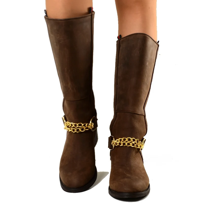 Stivali Camperos Western con Catena dorata Pelle Rigida Marrone