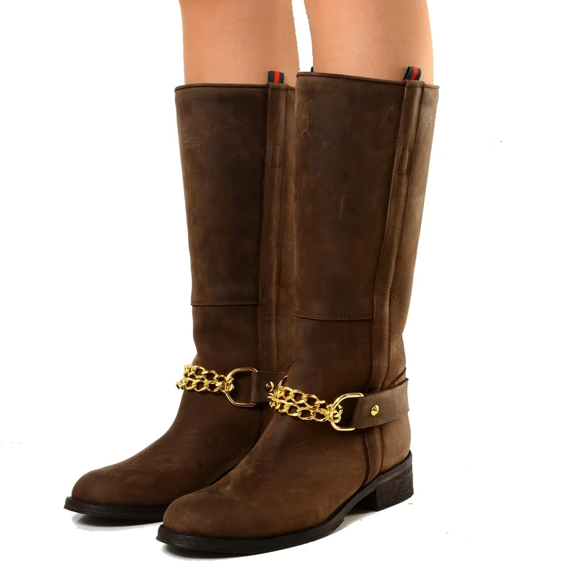 Stivali Camperos Western con Catena dorata Pelle Rigida Marrone