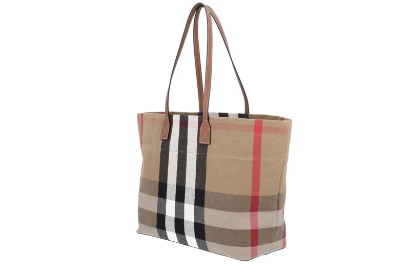 Burberry Damen Tasche London Tote Check Canvas Leder Tasche Taupe Braun 80840471