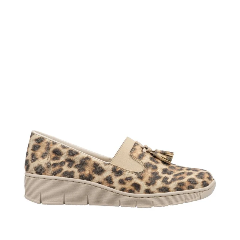 Rieker Damen Slipper mit Keilabsatz und Animalprint - Beige