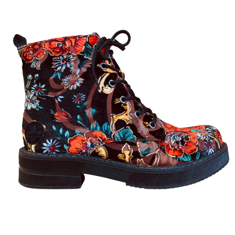 Rieker Damen-Stiefelette mit Blumenmuster und Fleecefutter - Schwarz