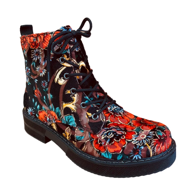 Rieker Damen-Stiefelette mit Blumenmuster und Fleecefutter - Schwarz