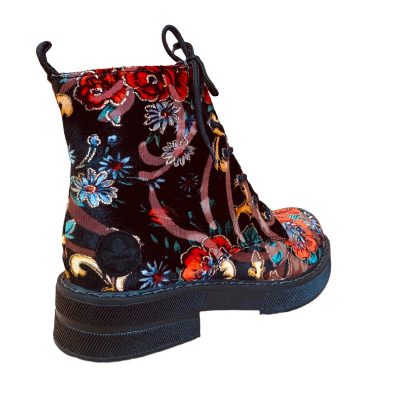 Rieker Damen-Stiefelette mit Blumenmuster und Fleecefutter - Schwarz
