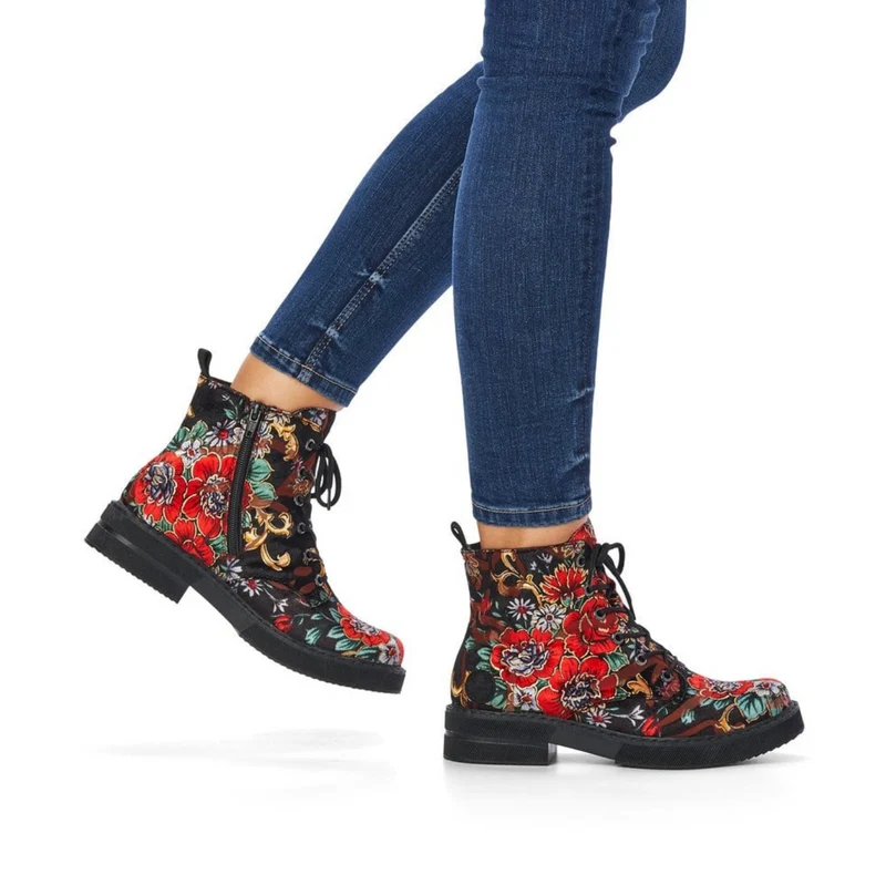 Rieker Damen-Stiefelette mit Blumenmuster und Fleecefutter - Schwarz