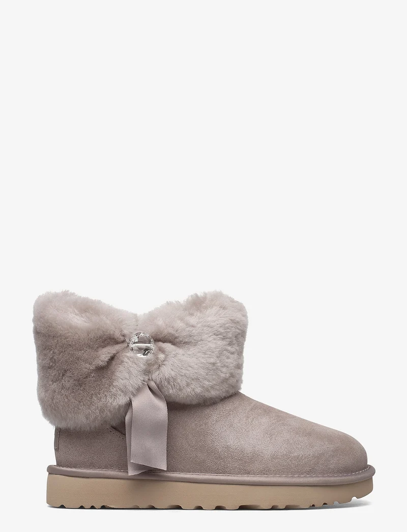 UGG Damen-Ministiefel mit gerafftem Fell – Oyster