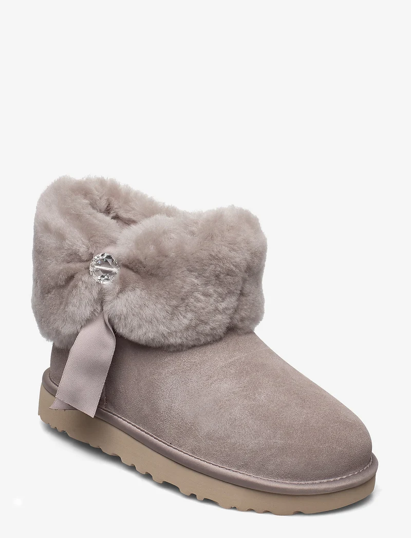 UGG Damen-Ministiefel mit gerafftem Fell – Oyster