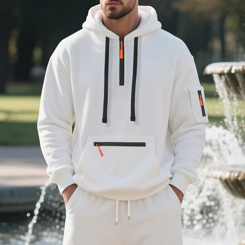 Herren Oversize-Kapuzenpullover mit halbem Reißverschluss, Kängurutasche mit Reißverschluss und Ärmel-Pocket Nord Taschen