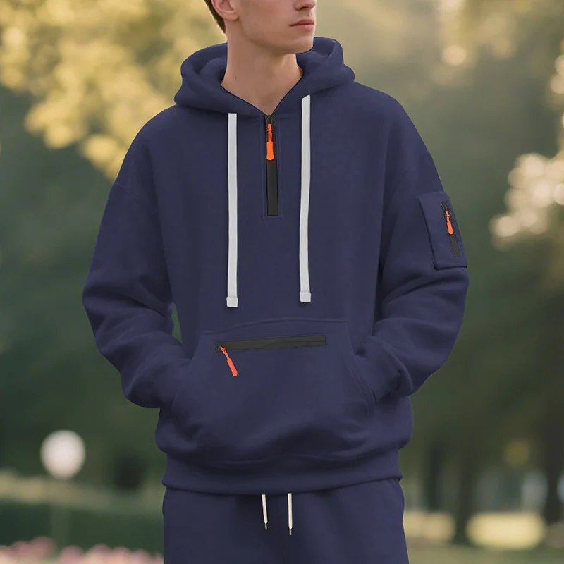 Herren Oversize-Kapuzenpullover mit halbem Reißverschluss, Kängurutasche mit Reißverschluss und Ärmel-Pocket Nord Taschen