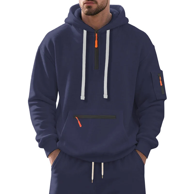 Herren Oversize-Kapuzenpullover mit halbem Reißverschluss, Kängurutasche mit Reißverschluss und Ärmel-Pocket Nord Taschen