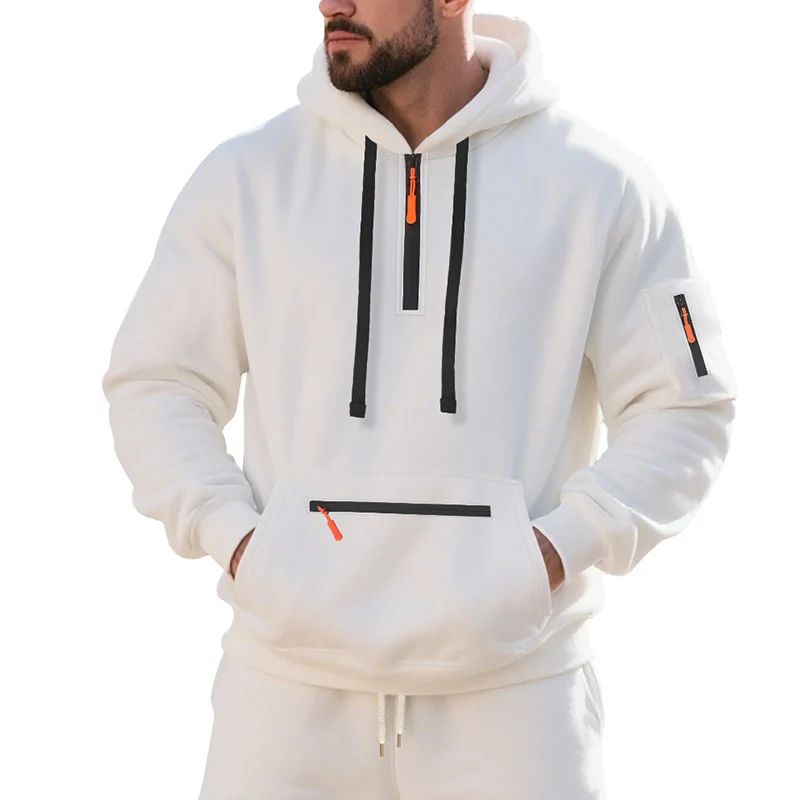 Herren Oversize-Kapuzenpullover mit halbem Reißverschluss, Kängurutasche mit Reißverschluss und Ärmel-Pocket Nord Taschen