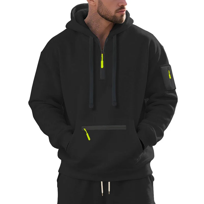 Herren Oversize-Kapuzenpullover mit halbem Reißverschluss, Kängurutasche mit Reißverschluss und Ärmel-Pocket Nord Taschen