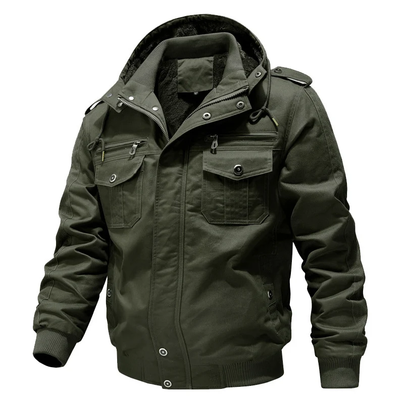 Herren Wasserabweisender Canvas-Bomber mit wärmender Sherpa-Innenlage, Kapuze und Utility-Taschen Nord Taschen