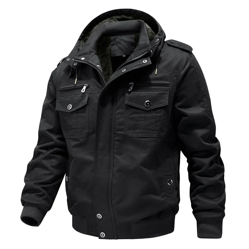 Herren Wasserabweisender Canvas-Bomber mit wärmender Sherpa-Innenlage, Kapuze und Utility-Taschen Nord Taschen