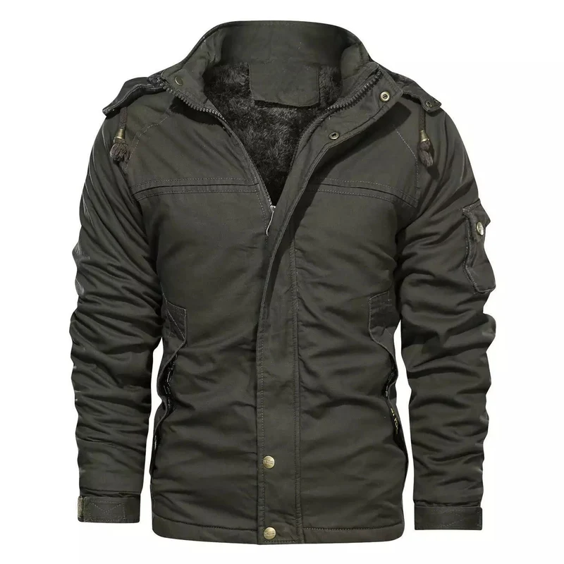 Herren thermoisolierte Canvas‑Fieldjacke mit Kapuze, Teddyfutter und Multifunktions‑Taschen Nord Taschen