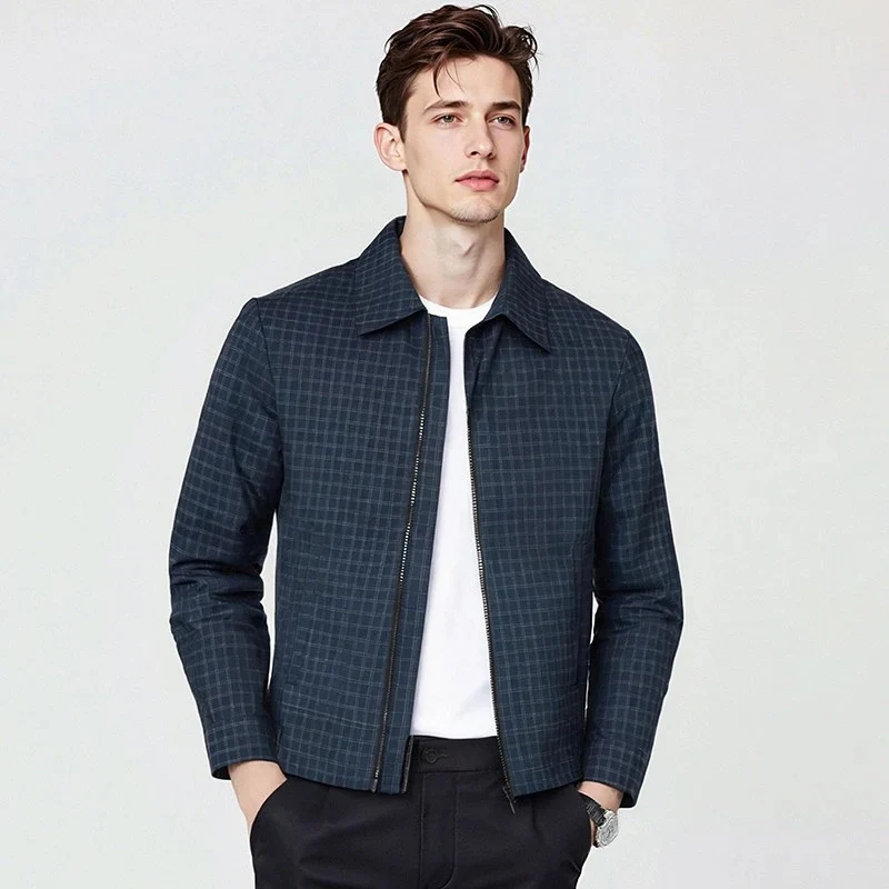 Herren Leichtes kariertes Overshirt-Jackett mit verdecktem Zwei-Wege-Reißverschluss und Hemdkragen Nord Taschen