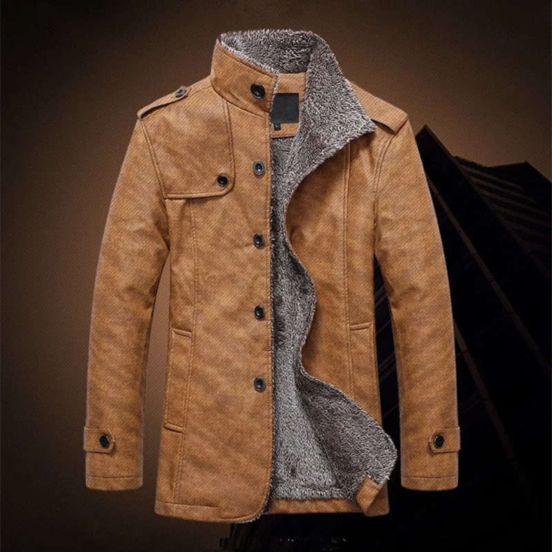 Herren Texturierte Kunstleder-Midlayerjacke mit Teddyfleece-Innenfutter, Stehkragen und Schulterpatten Nord Taschen