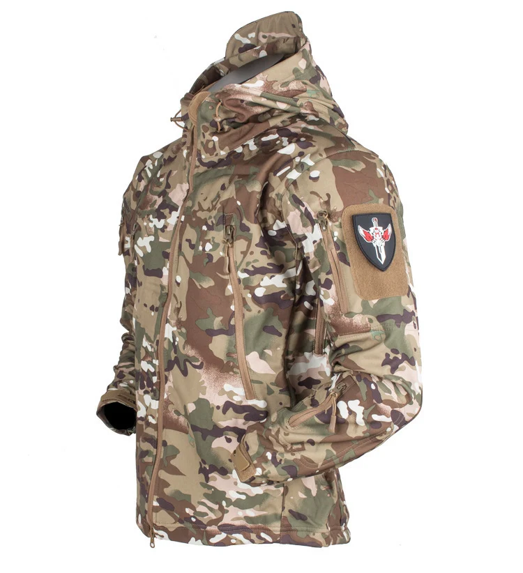 Herren taktische Softshell‑Fieldjacke mit Kapuze, Multifunktionstaschen und Klettpatchfläche Nord Taschen