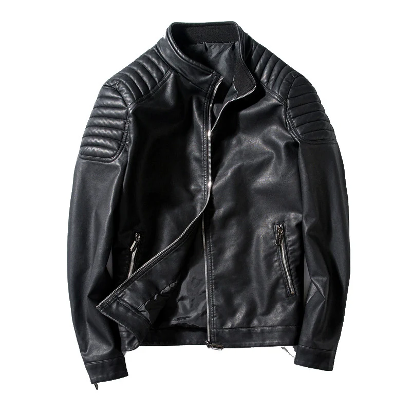 Herren Slim-Fit Kunstleder-Motorradblouson mit gesteppter Schulter und Stehkragen Nord Taschen