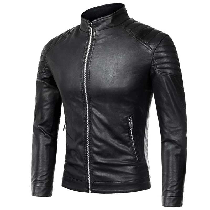Herren Slim-Fit Kunstleder-Motorradblouson mit gesteppter Schulter und Stehkragen Nord Taschen