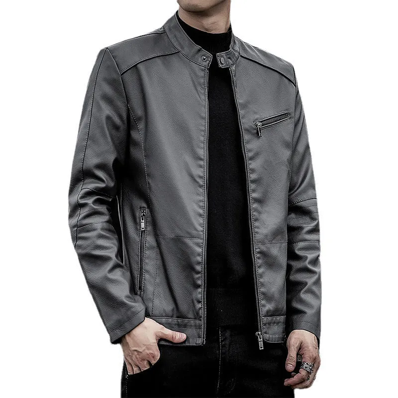 Herren Slim-Fit Kunstleder-Motojacke mit Stehkragen und Reißverschlussdetails Nord Taschen