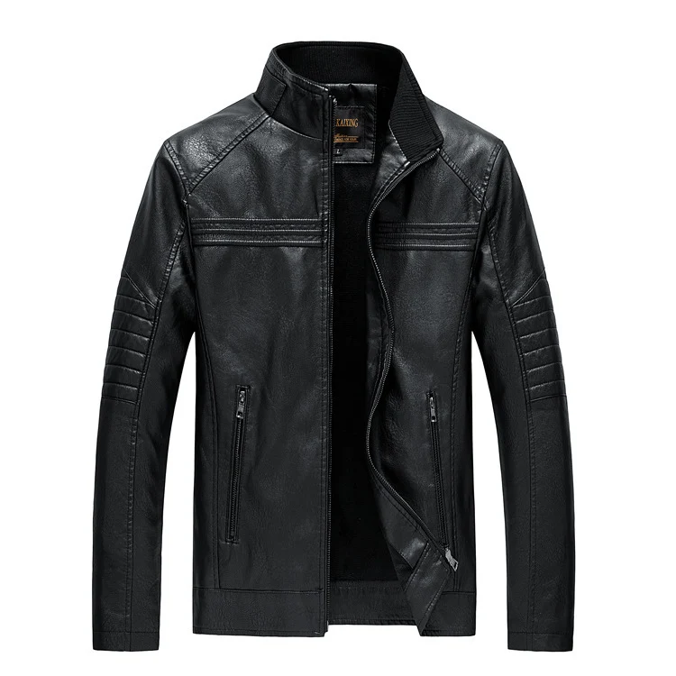 Herren Slim-Fit Kunstleder-Motojacke mit Stehkragen und gesteppter Ärmelpasse Nord Taschen