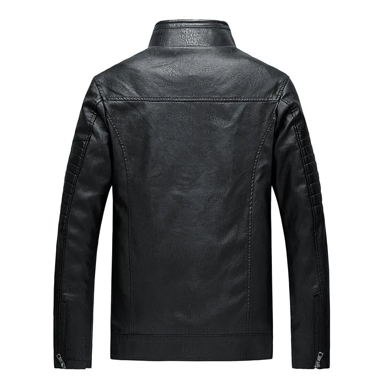 Herren Slim-Fit Kunstleder-Motojacke mit Stehkragen und gesteppter Ärmelpasse Nord Taschen