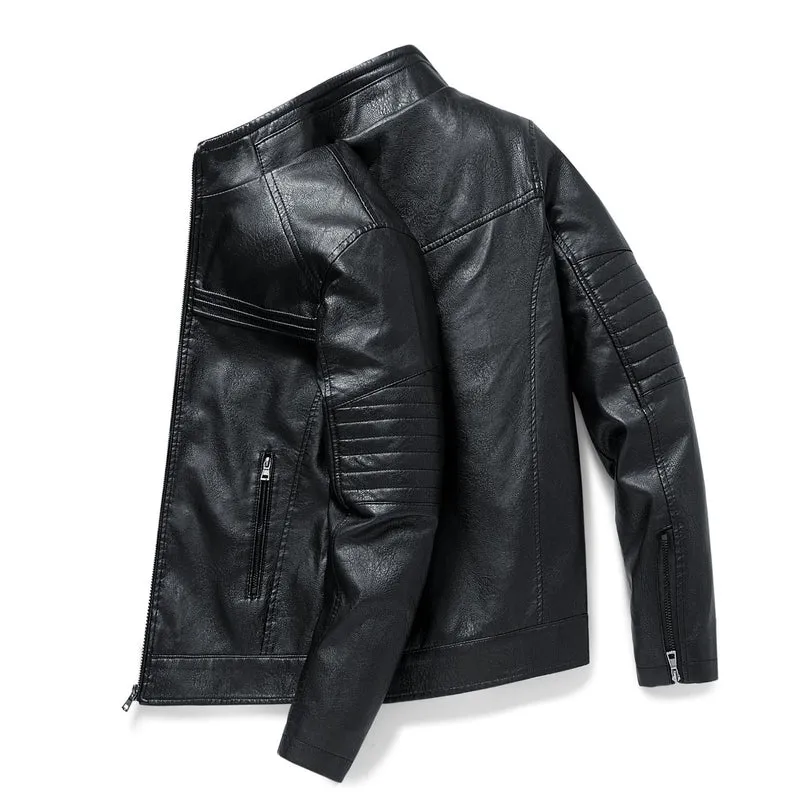 Herren Slim-Fit Kunstleder-Motojacke mit Stehkragen und gesteppter Ärmelpasse Nord Taschen
