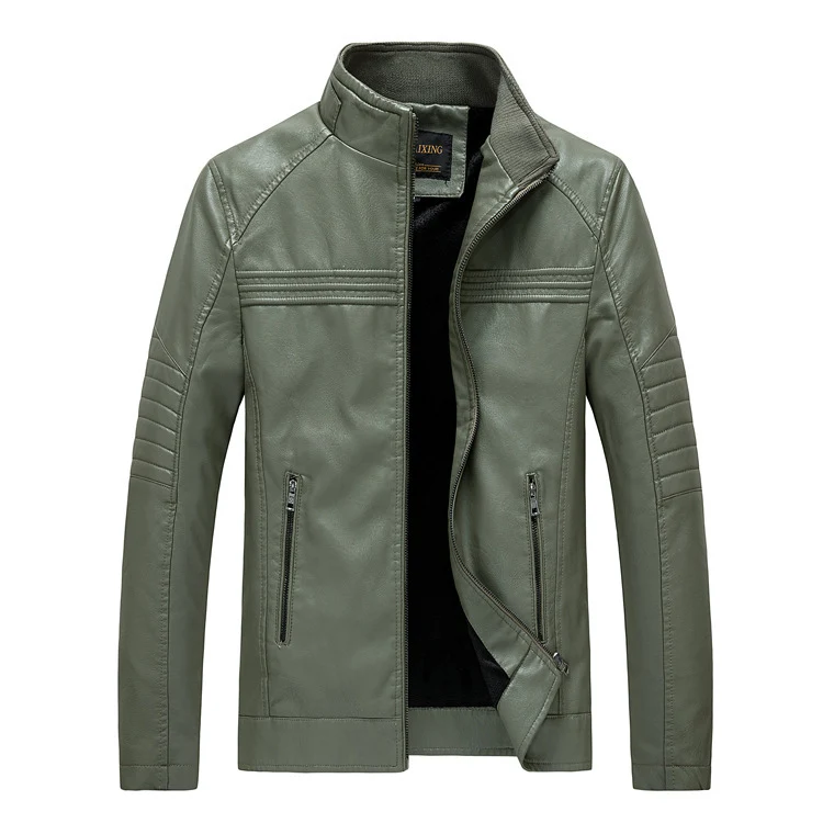 Herren Slim-Fit Kunstleder-Motojacke mit Stehkragen und gesteppter Ärmelpasse Nord Taschen