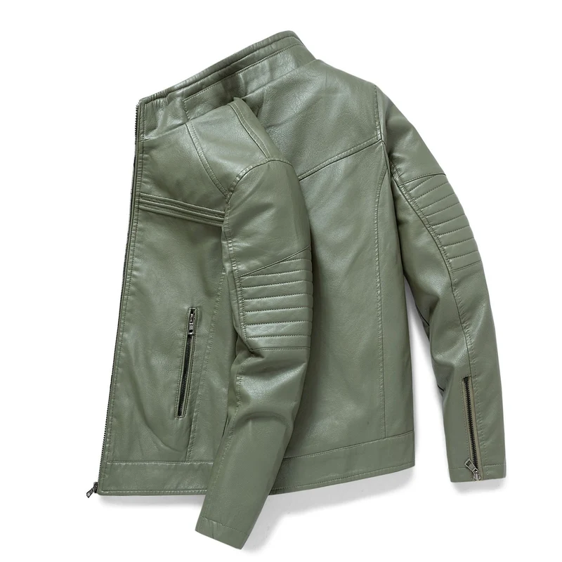 Herren Slim-Fit Kunstleder-Motojacke mit Stehkragen und gesteppter Ärmelpasse Nord Taschen