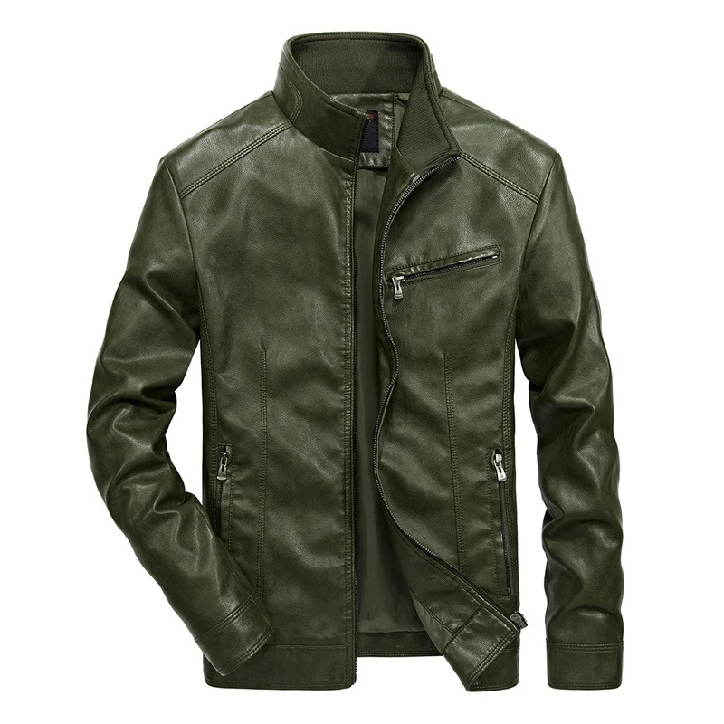 Herren Slim-Fit Kunstleder-Motojacke mit Stehkragen, Reißverschluss-Taschen und verstärkter Nahtführung Nord Taschen
