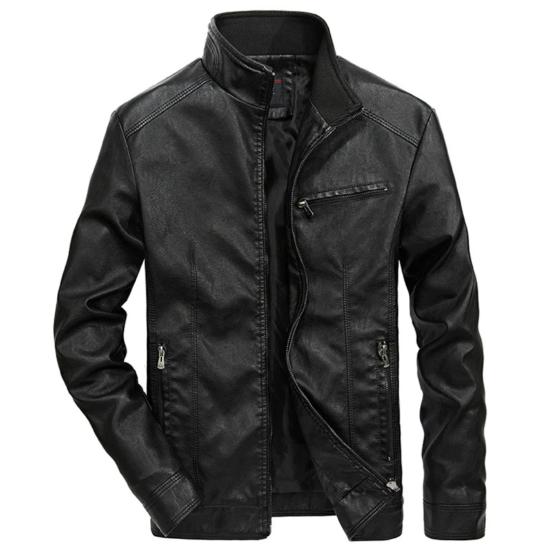 Herren Slim-Fit Kunstleder-Motojacke mit Stehkragen, Reißverschluss-Taschen und verstärkter Nahtführung Nord Taschen
