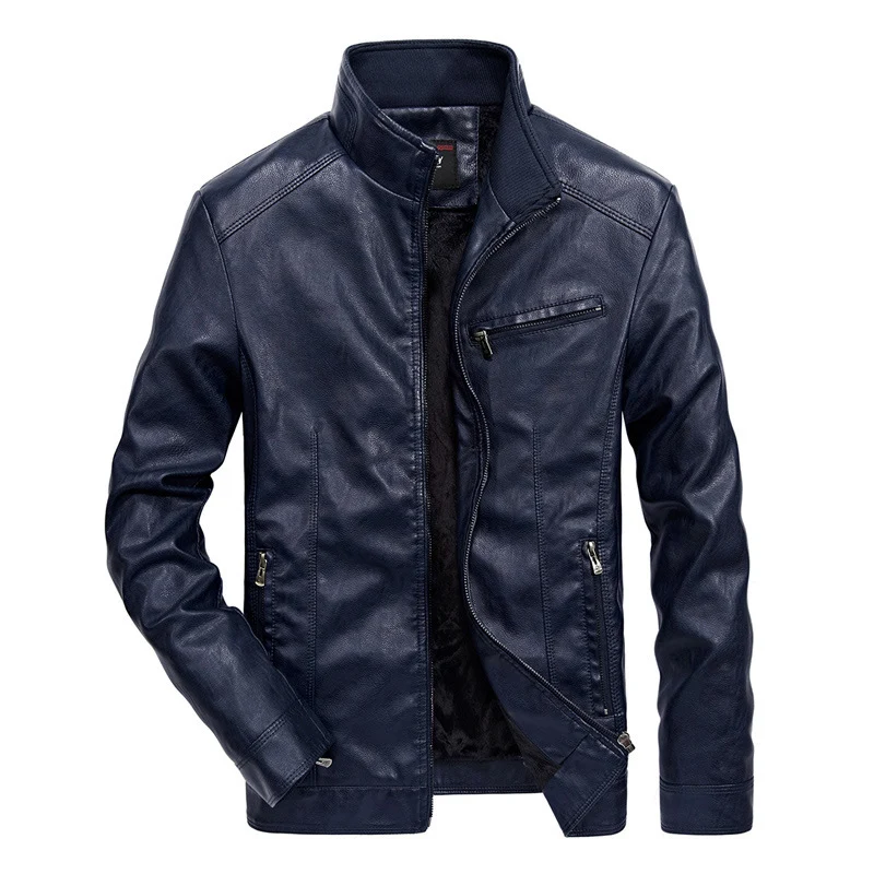 Herren Slim-Fit Kunstleder-Motojacke mit Stehkragen, Reißverschluss-Taschen und verstärkter Nahtführung Nord Taschen