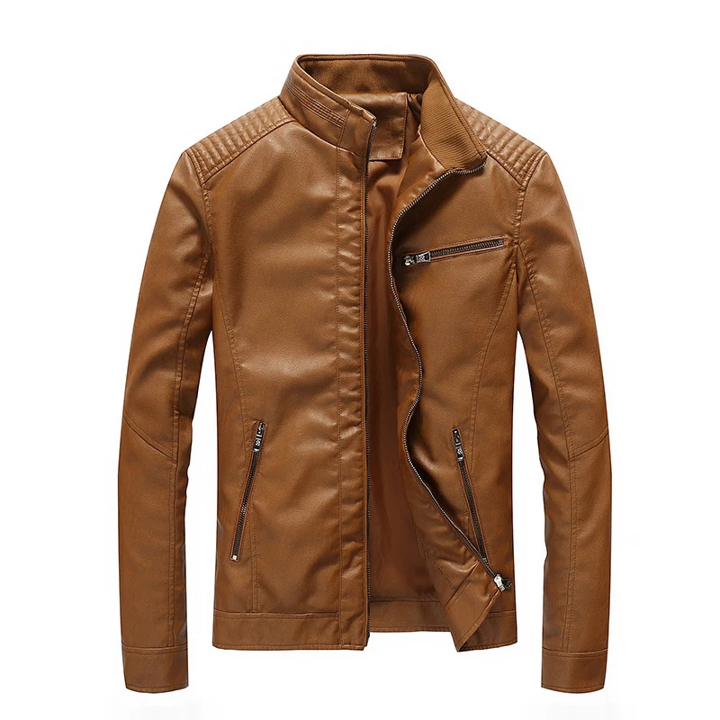 Herren Slim-Fit Kunstleder-Motojacke mit Stehkragen, gesteppter Schulterpasse und Reißverschlusstaschen Nord Taschen